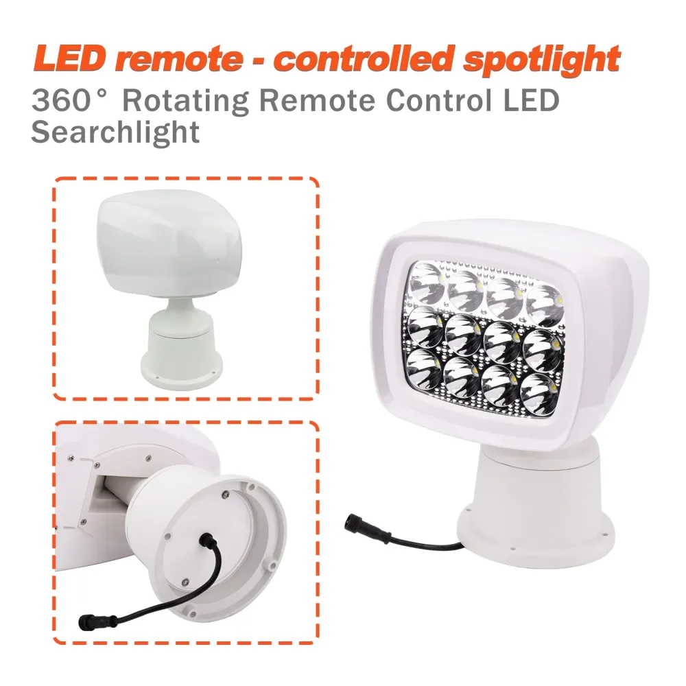 Bezprzewodowy reflektor LED z pilotem zdalnego sterowania, 10-30 V, 60 W, 1600 lm, IP65, do łodzi, z pilotem RF