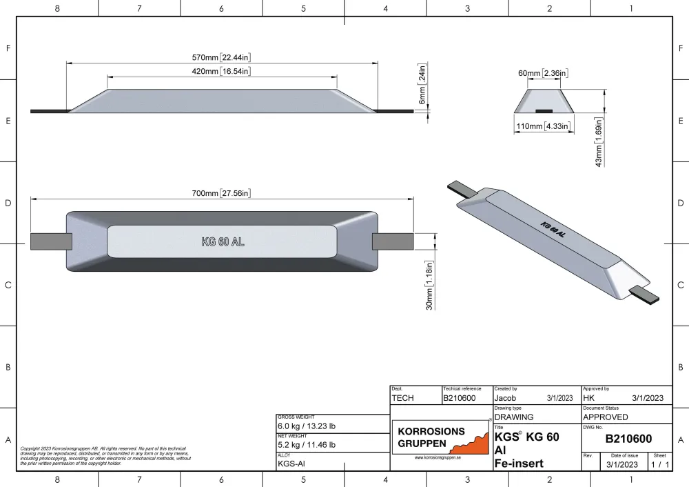 Aluminiumanod Typ 60 - 570*110*43