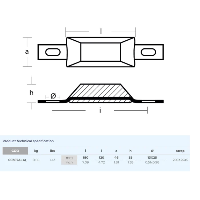 Aluminumanod 650g, 180*46*35 mm (180 mm), otwór 13*25 mm, T00387ALAL