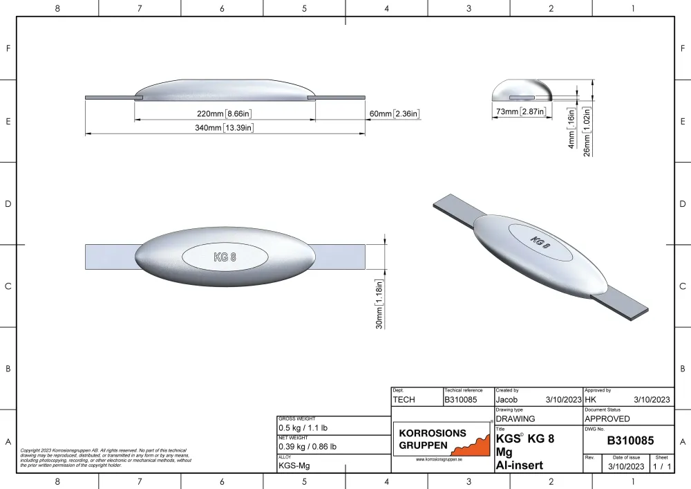 Anoda magnezowa typu 8 Al - 220*73*26, (340 mm), około 0,5 kg. AZ63-1.5VDC