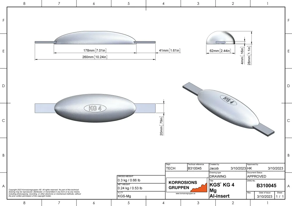 Magnesiumanod Typ 4 Al - 178*62*28, (260 mm), ok. 0,3 kg, AZ63-1.5VDC