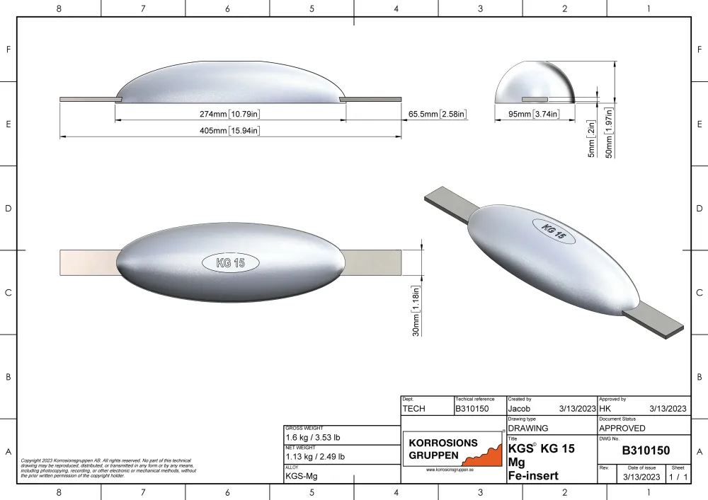 Typ anody magnezu 15 - 274*95*50, (405 mm), ok. 1,5 kg. AZ63-1.5VDC
