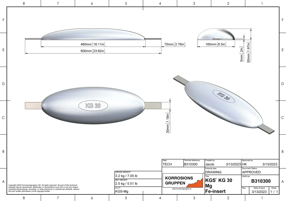 Typ anody magnezu 30 - 460*165*50, (600 mm), ok. 3,7 kg. AZ63-1.5VDC