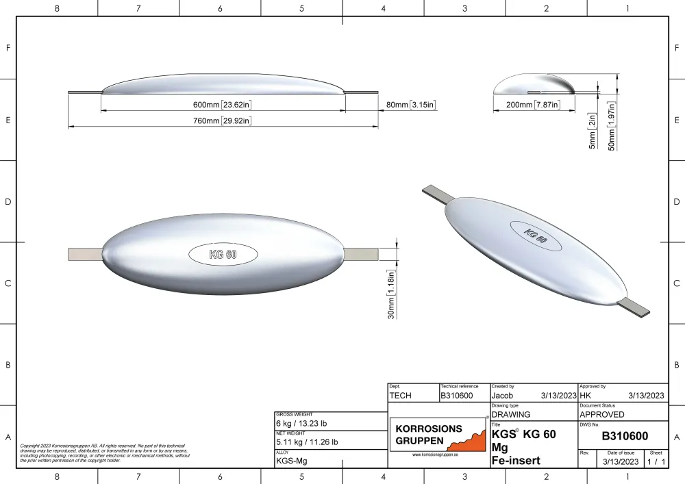 Typ anody magnezu 60 - 600*195*50, (760 mm), ok. 6 kg. AZ63-1.5VDC