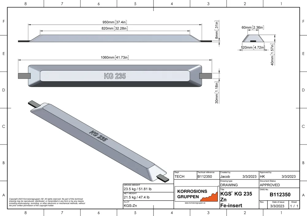 Zinkanod Typ 235 - 950*120*40