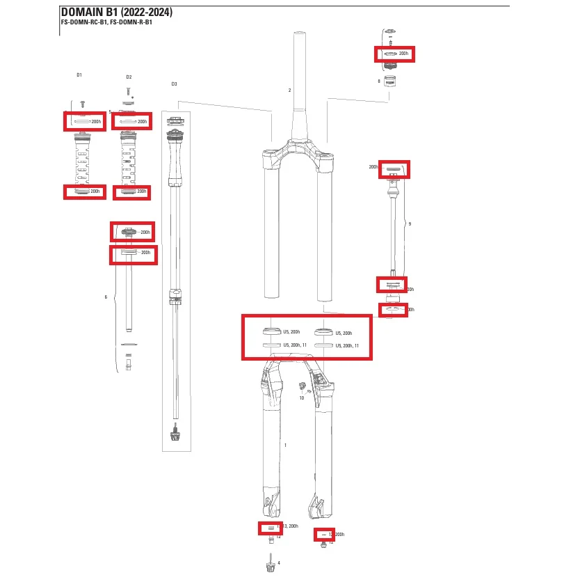 200 h/rok Zestaw konserwacyjny dla widelca ROCKSHOX Domain R/RC B1 2022-2024
