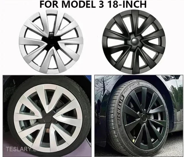 Model Tesli 3 18" Pełne felgi, srebrne i czarne, sportowe osłony kół