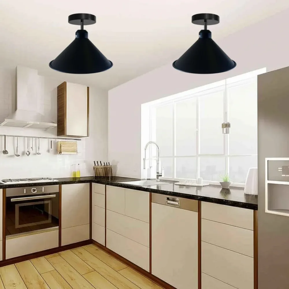 Industrial Black Cone Shade Flush Mount Ceiling Light Fitting~2647