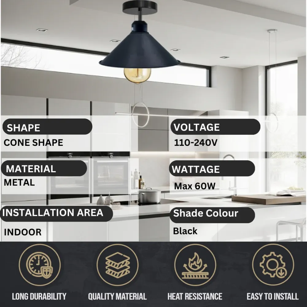 Industrial Black Cone Shade Flush Mount Ceiling Light Fitting~2647