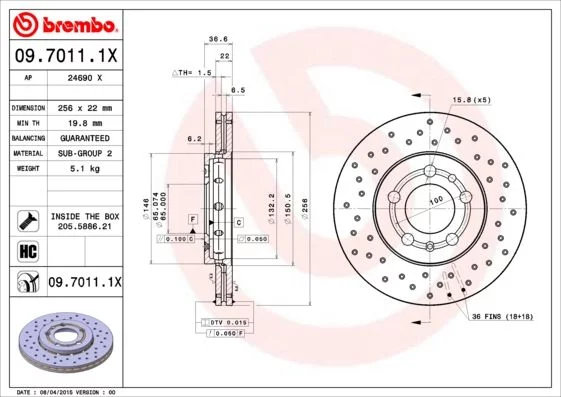 Tarcze hamulcowe BREMBO Xtra Line 256x22mm 09.7011.1X VW, Audi, Seat, Skoda